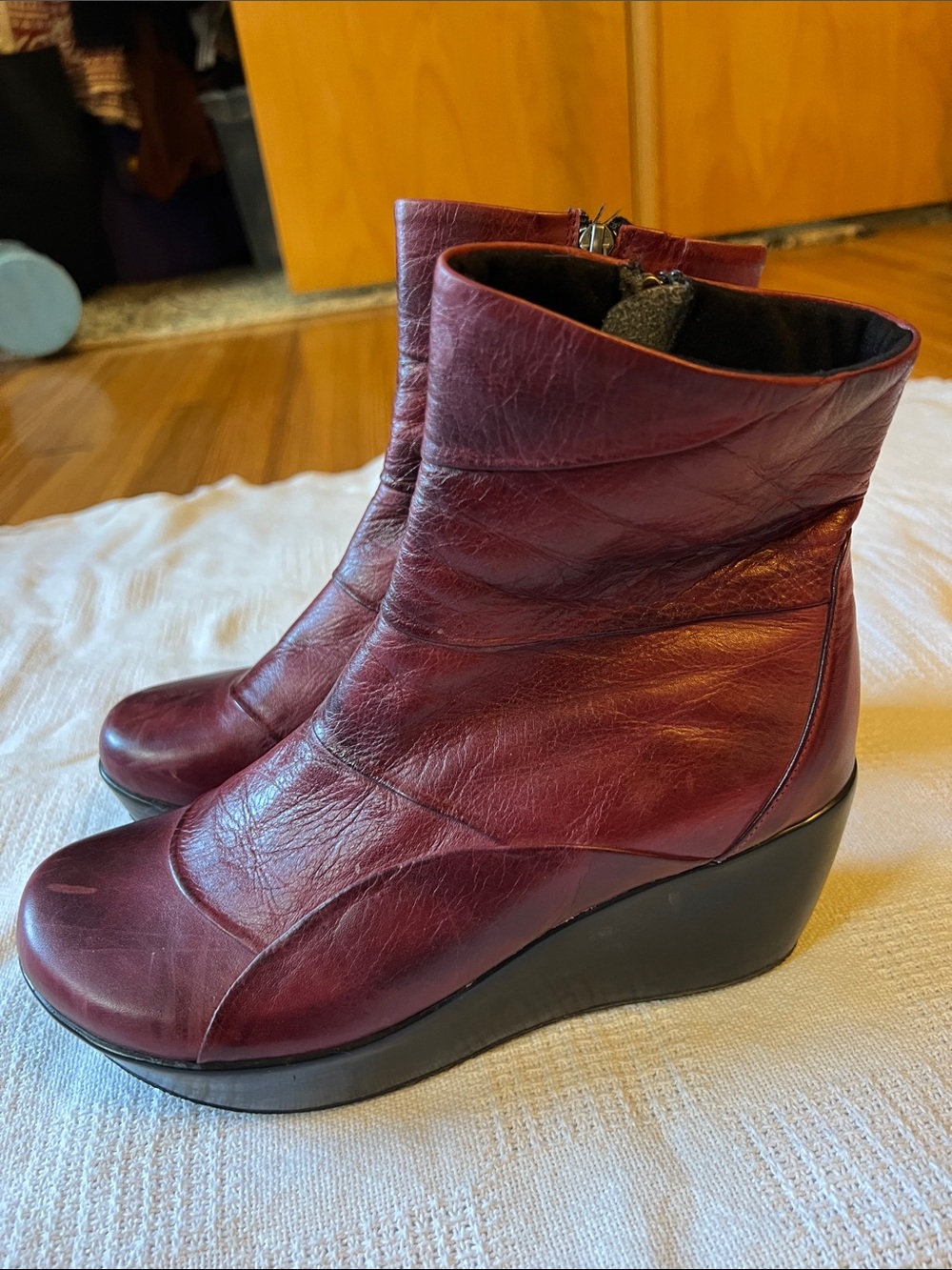 Maroon Leather Wedge Ankle Boots with Side Zippers - Picture 7 of 11